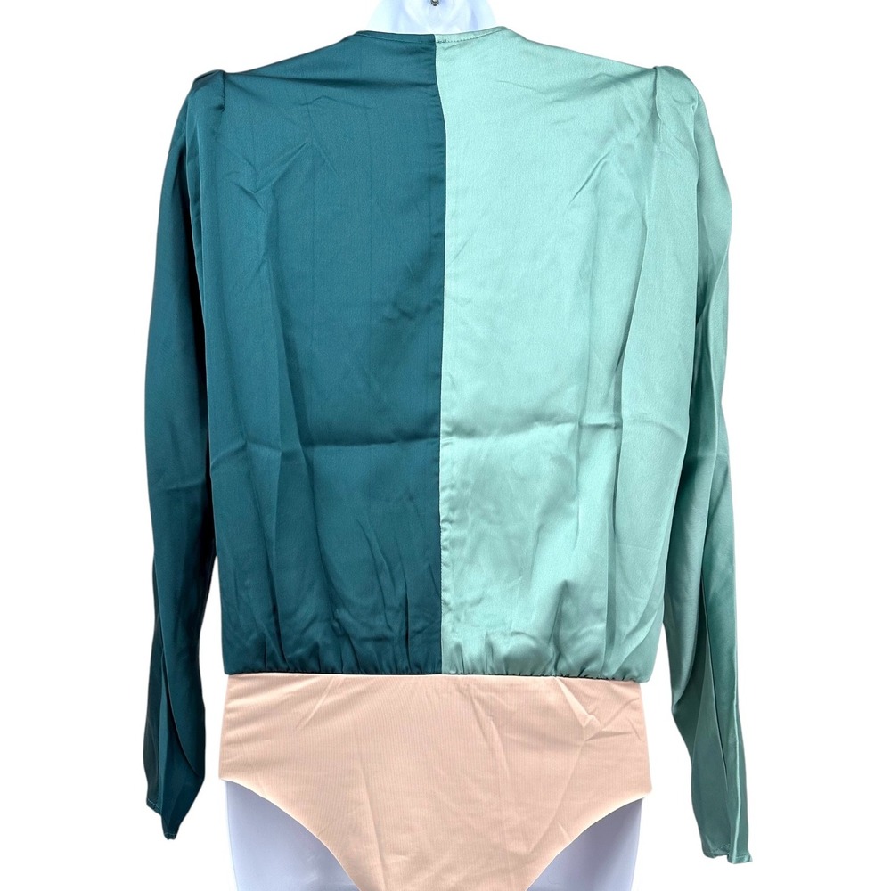 STRUT & BOLT Jade Green and Dark Teal Wrap Blouse BodySuit Women's Medium NEW - Picture 3 of 10